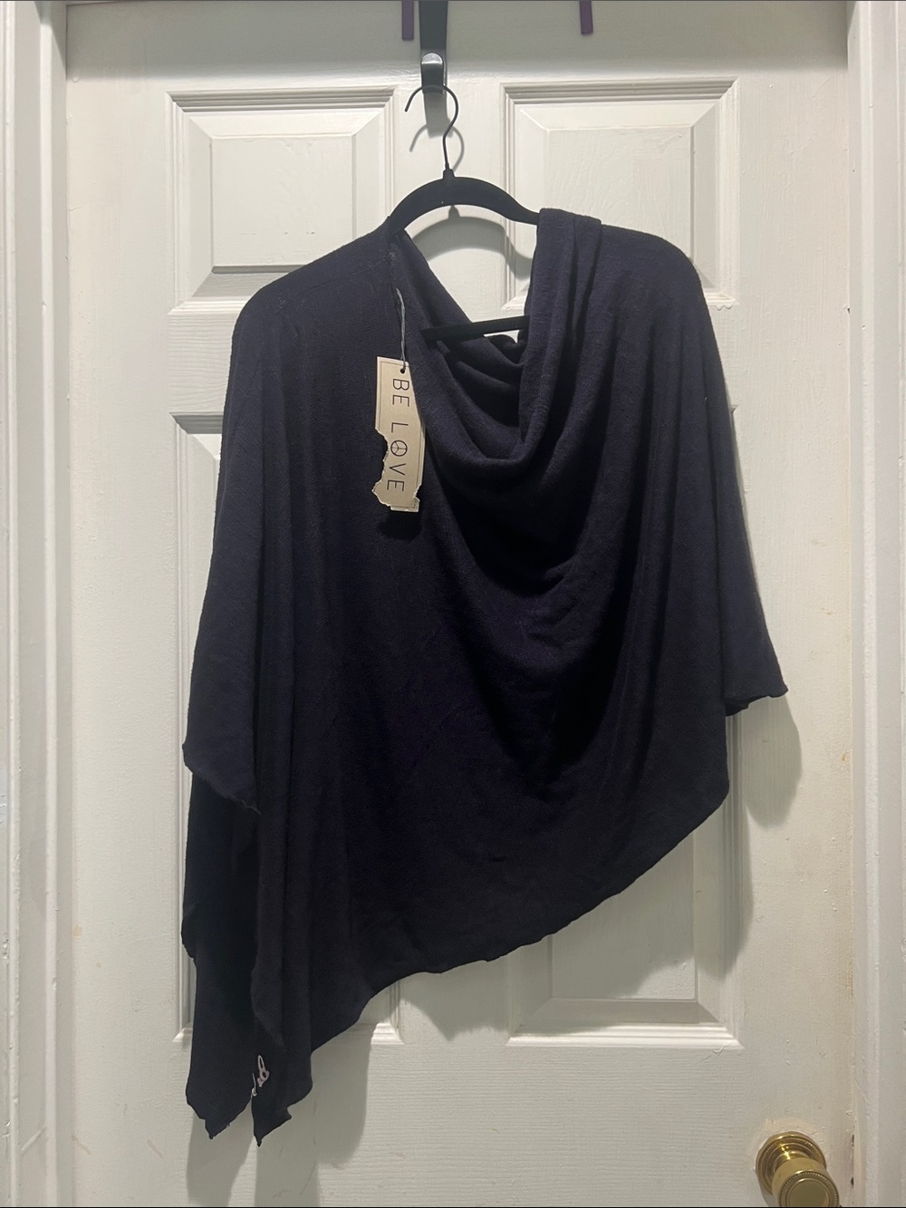 Love Off-the-Shoulder Draped Poncho Sweater in Navy